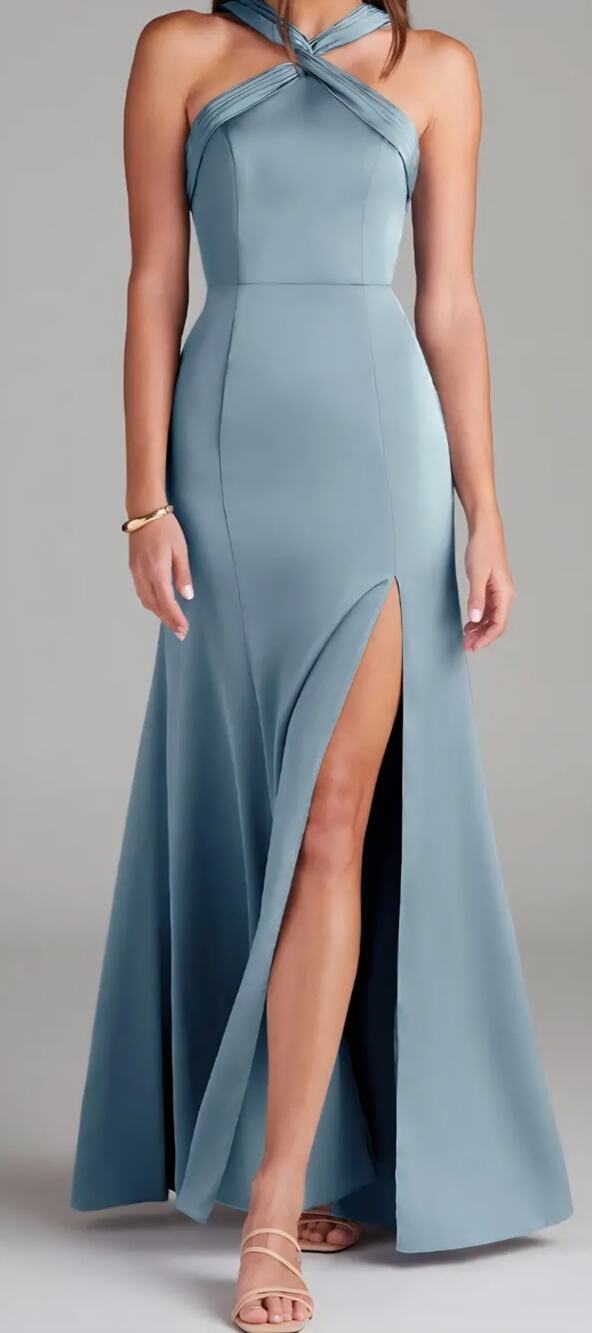 Azazie Rue Dusty Blue Stretch Satin Mermaid Halter Bridesmaid Dress Gown A0 NWT